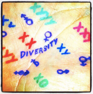 Handfläche, auf der in bunten Farben verschiedene Geschlechtsvariationen zu lesen sind (z.B. X0, XYYY, Geschlechtersymbole), in der Mitte steht das Wort "Diversity"