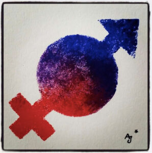 Kunst von Alex Jürgen*: Druck eines Geschlechtersymbols, in dem das Frauen- und Männersymbol vereint sind, Farbverlauf von rot nach blau