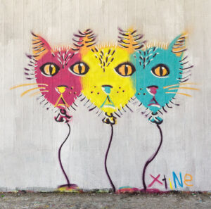 Graffito mit 3 Katzenköpfen, die wie Luftballons gestaltet sind. Jeder Luftballon-Katzenkopf hat eine andere Farbe - pink, gelb und türkis. Insgesamt haben die 3 Katzenköpfe 4 Augen.