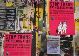Plakatwand, darunter 2 mal ein pinkes Plakat mit dem Titel "Stop Trans Pathologization"