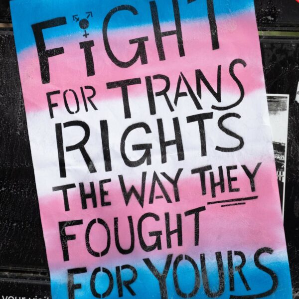 Plakat in den Farben der Trans-Flagge mit dem Text "Fight for trans rights the way they fought for yours"