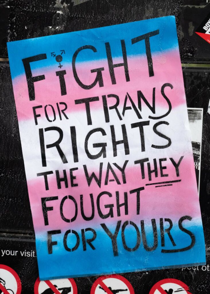 Plakat in den Farben der Trans-Flagge mit dem Text "Fight for trans rights the way they fought for yours"