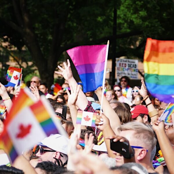 Menschenmenge mit Regenbogenfahnen, in der Mitte des Bildes ist die Bisexualität Pride Flagge