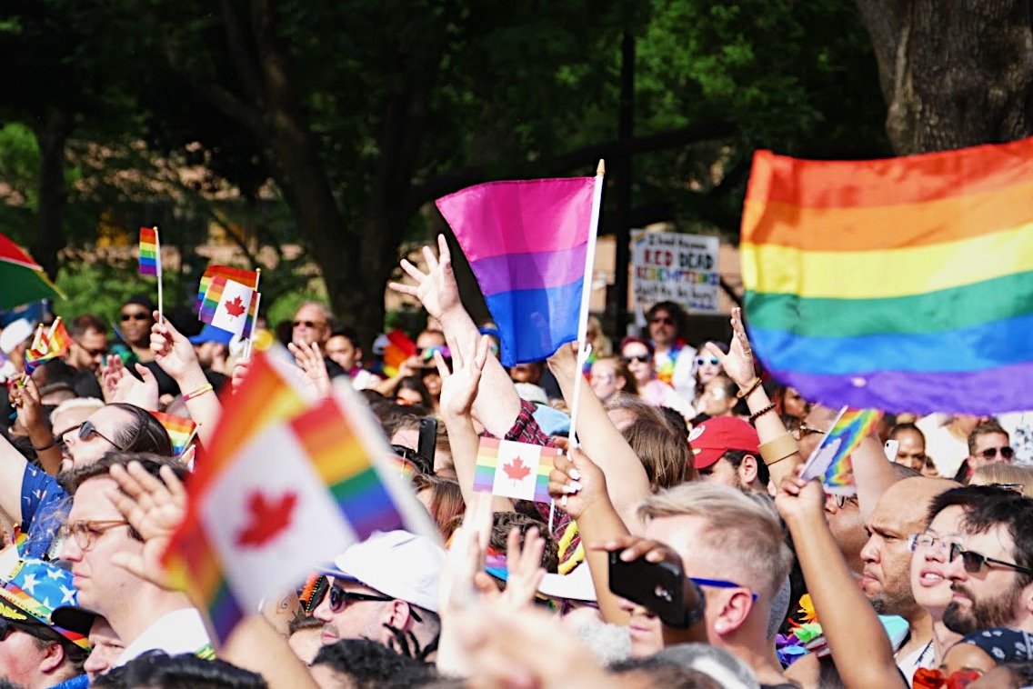 Menschenmenge mit Regenbogenfahnen, in der Mitte des Bildes ist die Bisexualität Pride Flagge