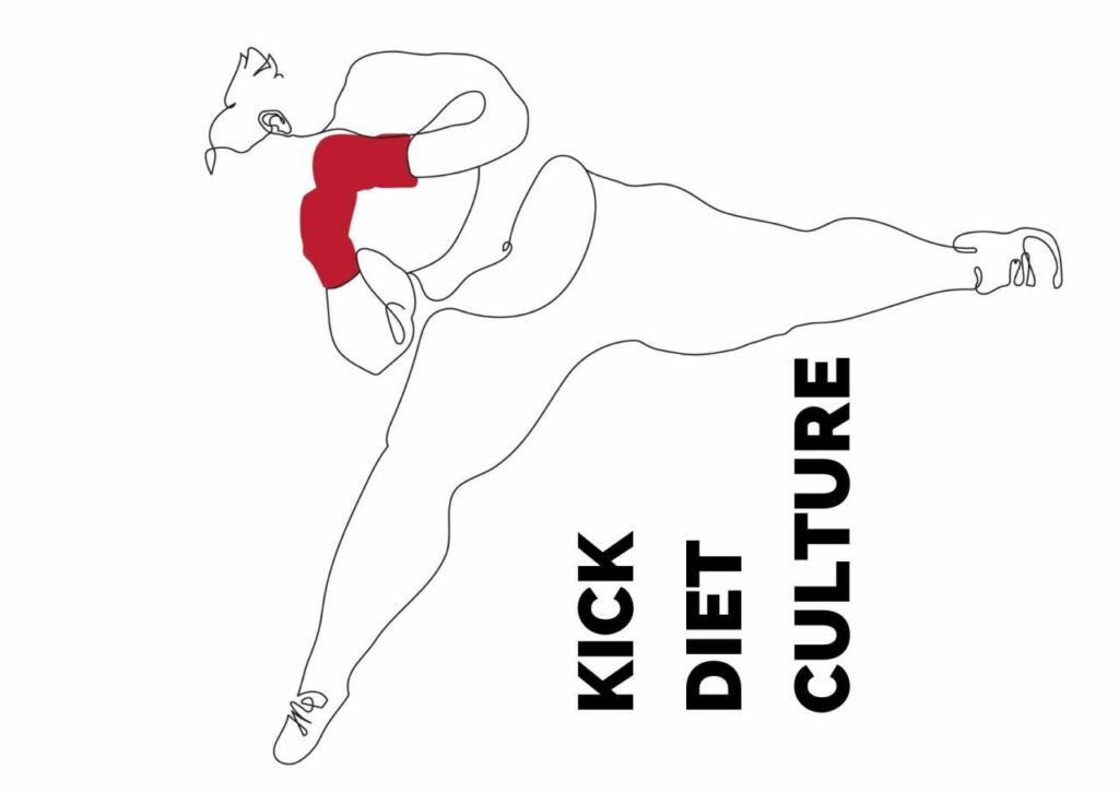 Gezeichnete Silhouette einer dicken Person in Kick-Box-Stellung mit einem ausgestreckten Bein in der Luft, die Person trägt rote Boxhandschuhe. In der Fläche zwischen ihren Beinen steht der Text "Kick diet culture".