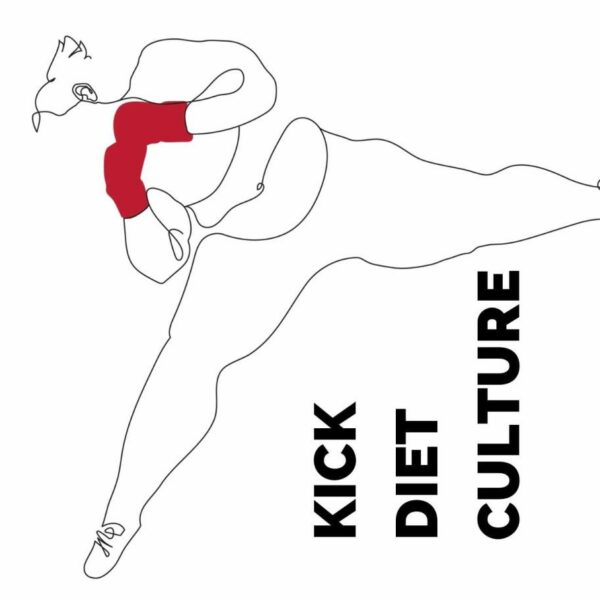 Gezeichnete Silhouette einer dicken Person in Kick-Box-Stellung mit einem ausgestreckten Bein in der Luft, die Person trägt rote Boxhandschuhe. In der Fläche zwischen ihren Beinen steht der Text "Kick diet culture".