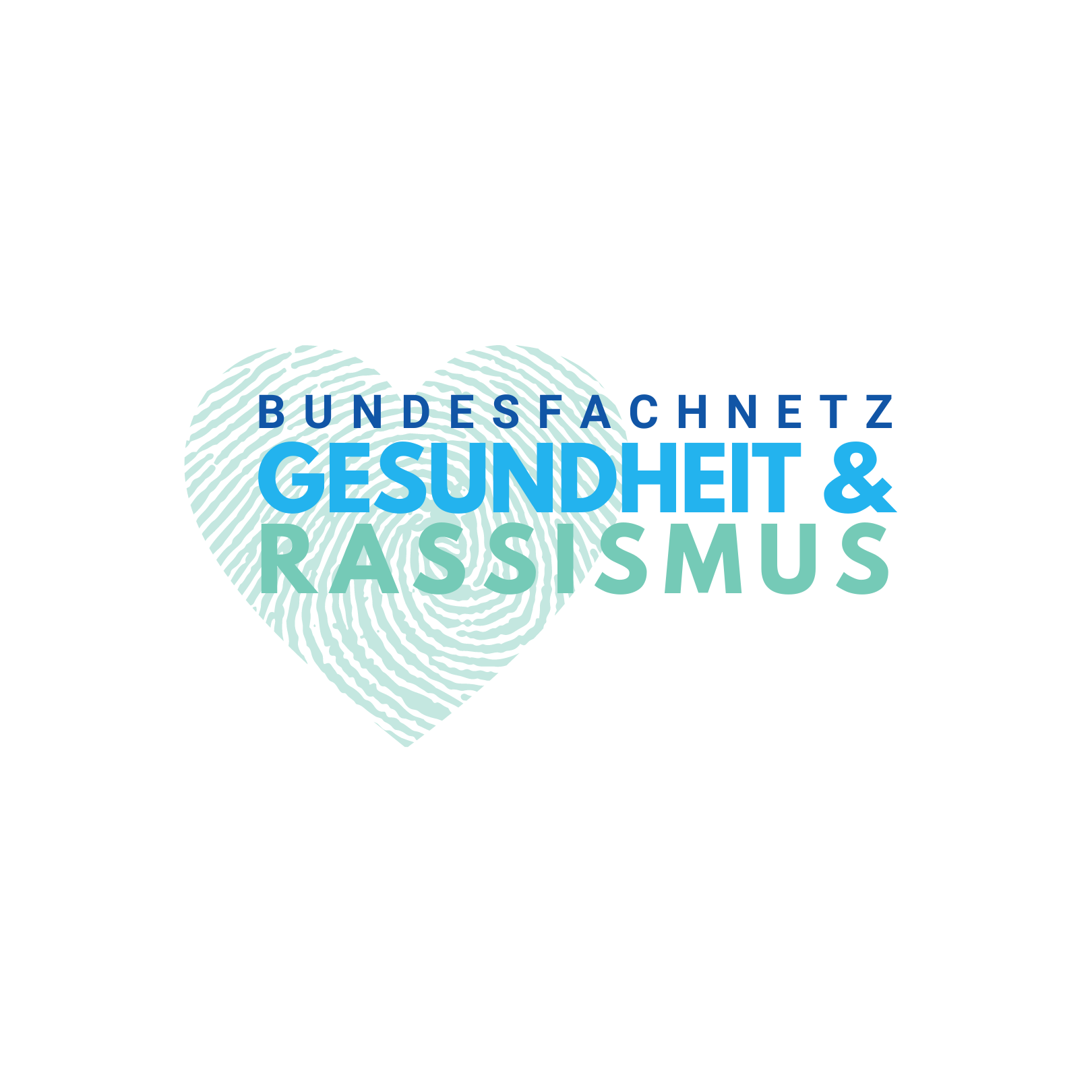 Logo des Bundesfachnetz Gesundheit & Rassismus. Im Vordergrund steht der Name in dunkel- und hellblau und türkis, im Hintergrund ist ein türkiser Fingerabdruck in der Form eines Herzes.