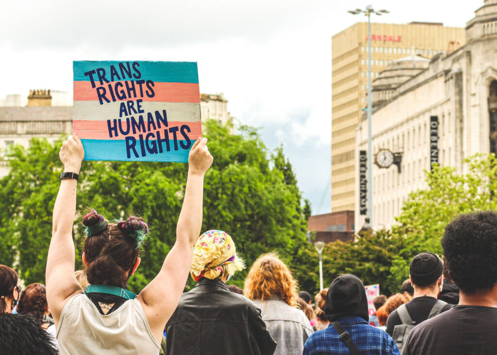 Menschen bei einer Demonstration von hinten, eine Person hält ein Schild hoch mit dem Text "Trans Rights are Human Rights"