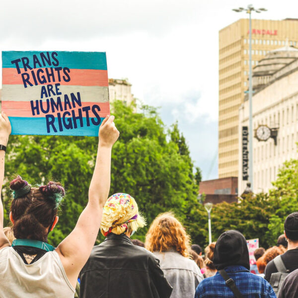 Menschen bei einer Demonstration von hinten, eine Person hält ein Schild hoch mit dem Text "Trans Rights are Human Rights"