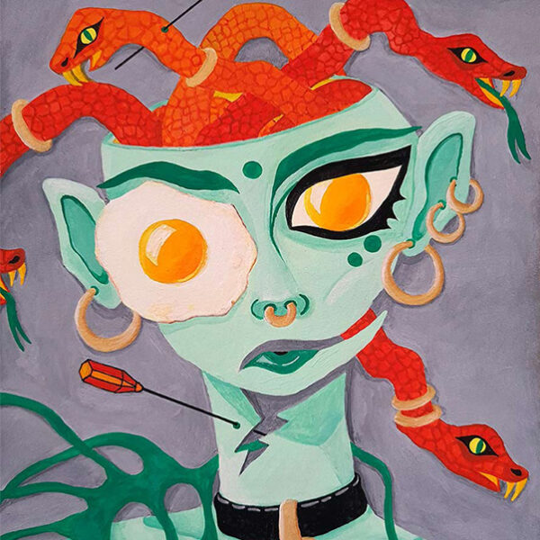 Kunstwerk von Judith Schoßböck. Gemaltes Porträtbild einer Person in grün. Der Schädel ist oben offen, rote Schlangen mit spitzen Zähnen kriechen heraus. Eine Schlange ist mit einer Nadel durchgestochen, der Hals der Person auch. Die Augen sind Spiegeleier.