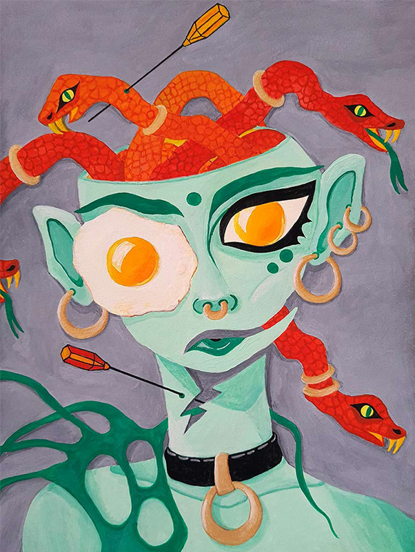 Kunstwerk von Judith Schoßböck. Gemaltes Porträtbild einer Person in grün. Der Schädel ist oben offen, rote Schlangen mit spitzen Zähnen kriechen heraus. Eine Schlange ist mit einer Nadel durchgestochen, der Hals der Person auch. Die Augen sind Spiegeleier.
