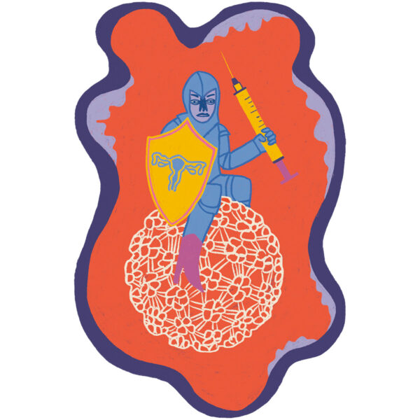 Illustration: Ein Ritter sitzt auf einem HP-Virus, hat eine Spritze in der einen Hand und ein Schild mit einem Uterus darauf in der anderen Hand