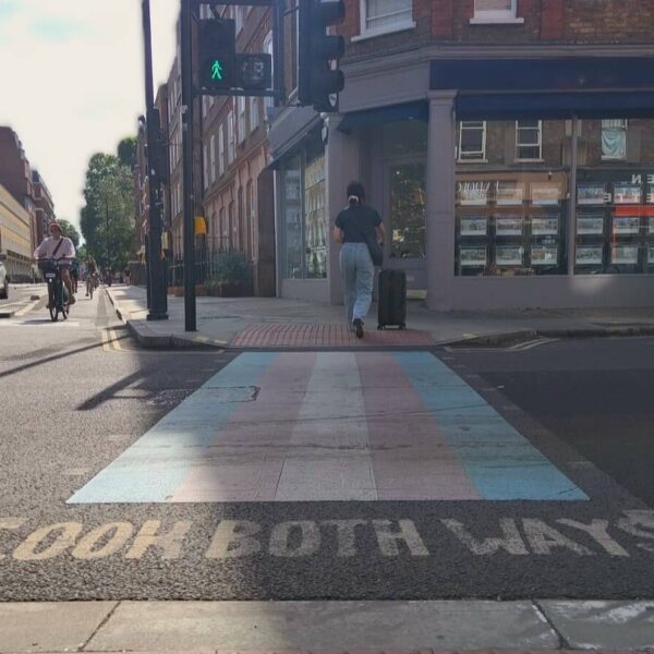 Zebrastreifen in den Farben der Trans-Flagge